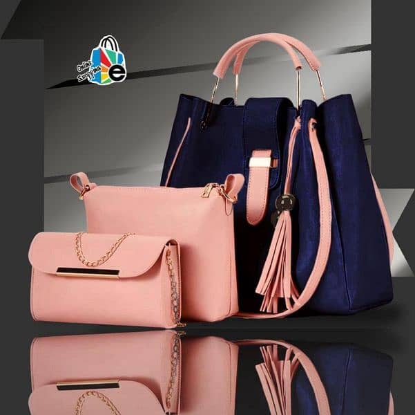 3 PCs Women's Leather Plain Hand Bag Set 10