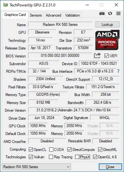 ASUS RX 580 8GB 256 Bits 4