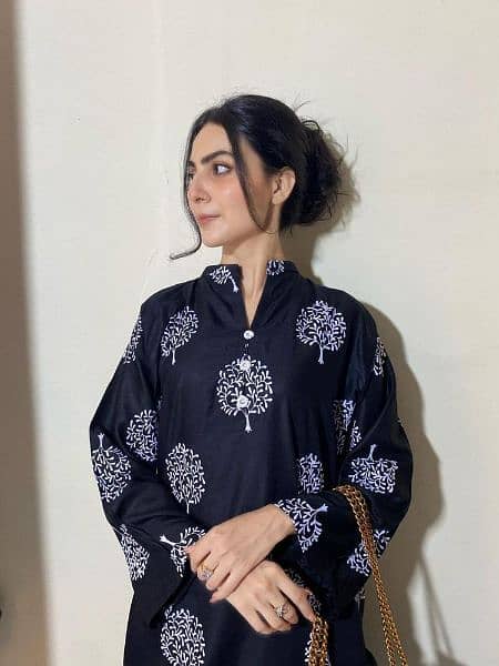 2 PCs women stitched linen printed suit 0