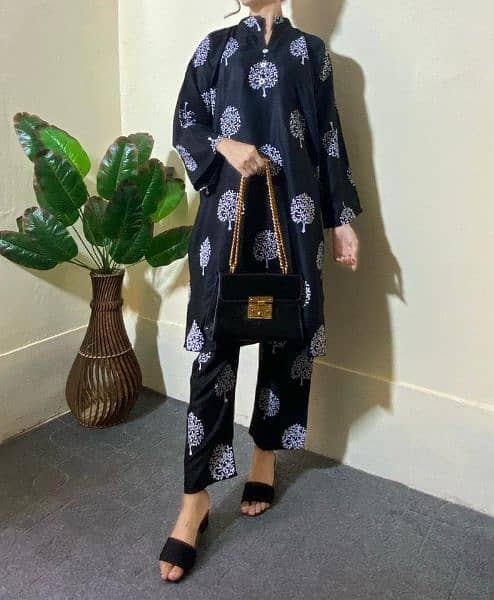 2 PCs women stitched linen printed suit 2