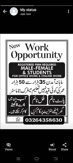 Male and female staff required for online and office work.