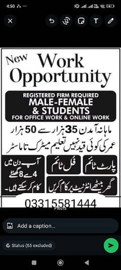 Male and Female staff required for online and office work