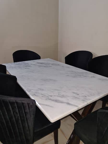 six seater white marble top, black velvet chair dining table 2