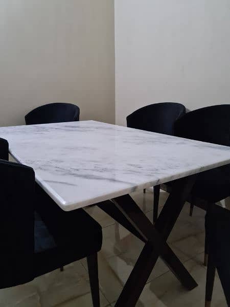 six seater white marble top, black velvet chair dining table 5