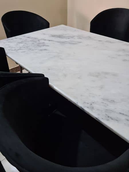 six seater white marble top, black velvet chair dining table 7