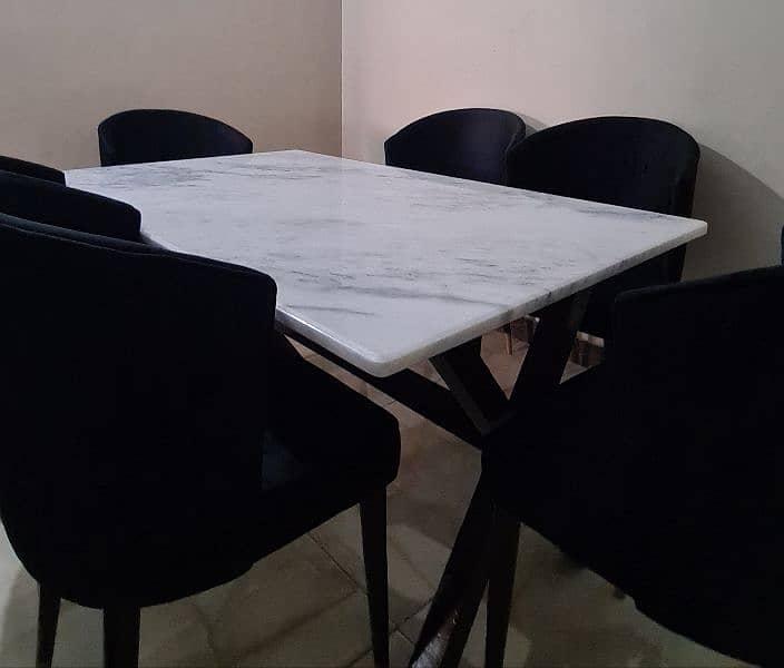 six seater white marble top, black velvet chair dining table 0