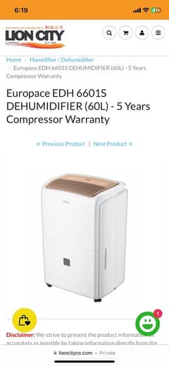 Europace EDH 6601S DEHUMIDIFIER (60L) - 5 Years Compressor Warranty