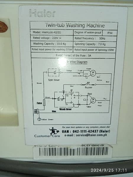 haier washing machine twin tub model number HWM100As 10kg 9