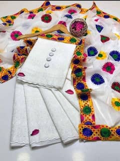 3 pcs Women Unstitched Cotton Chkankari Embroidered Suit