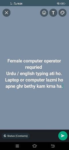 Required female computer Operator must english urdu typing.