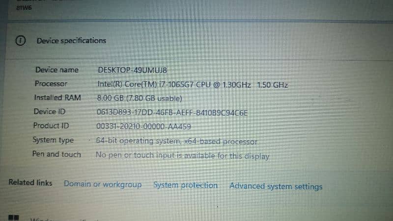 Lenovo laptop core i7 10th generation 8GB Ram 250gb SSD 2