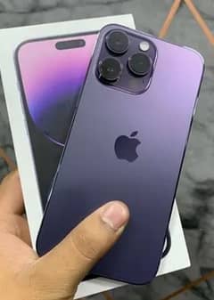 iphone 14 pro max, deep purple, with box, charger, 128gb, 4 months sim