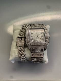 iced out watch and Bracelet Silver colour