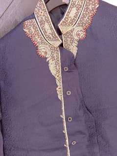 blue sherwani with grey inner and grey kulla