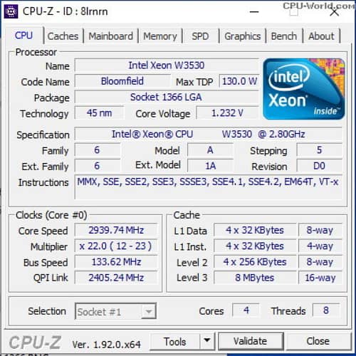 Intel® Xeon® Processor W3530 8M Cache, 2.80 GHz, 4.80 GT/s Intel® QPI 3