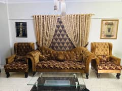 7 seater sofa set, 8 persons Dining table & curtains