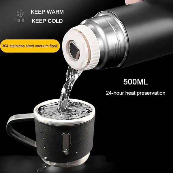 Stainless Steel Vacuum Flask Set, 500ml With 2cups (random Color) 1