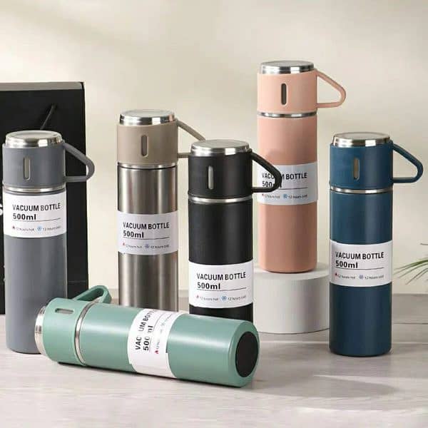 Stainless Steel Vacuum Flask Set, 500ml With 2cups (random Color) 3