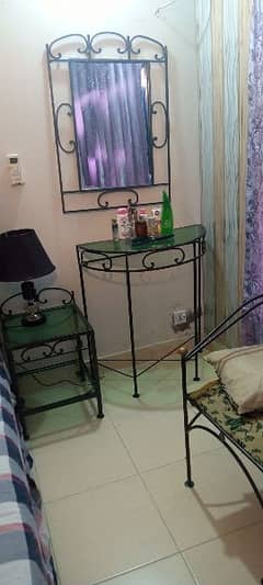 Wrode iron console with mirror and double chairs for sale