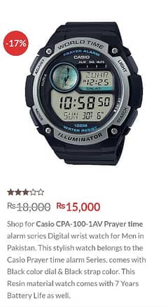 Casio 3448 CPA 100 time and prayer alaram watch and other features