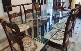 8 Seater Glass Dining Table with Seesham/Tali Columns & Chairs