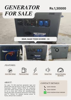 7.5 KW Dual-Fuel Generator with Auto-Start (ATS) – Low Hours, Powerful