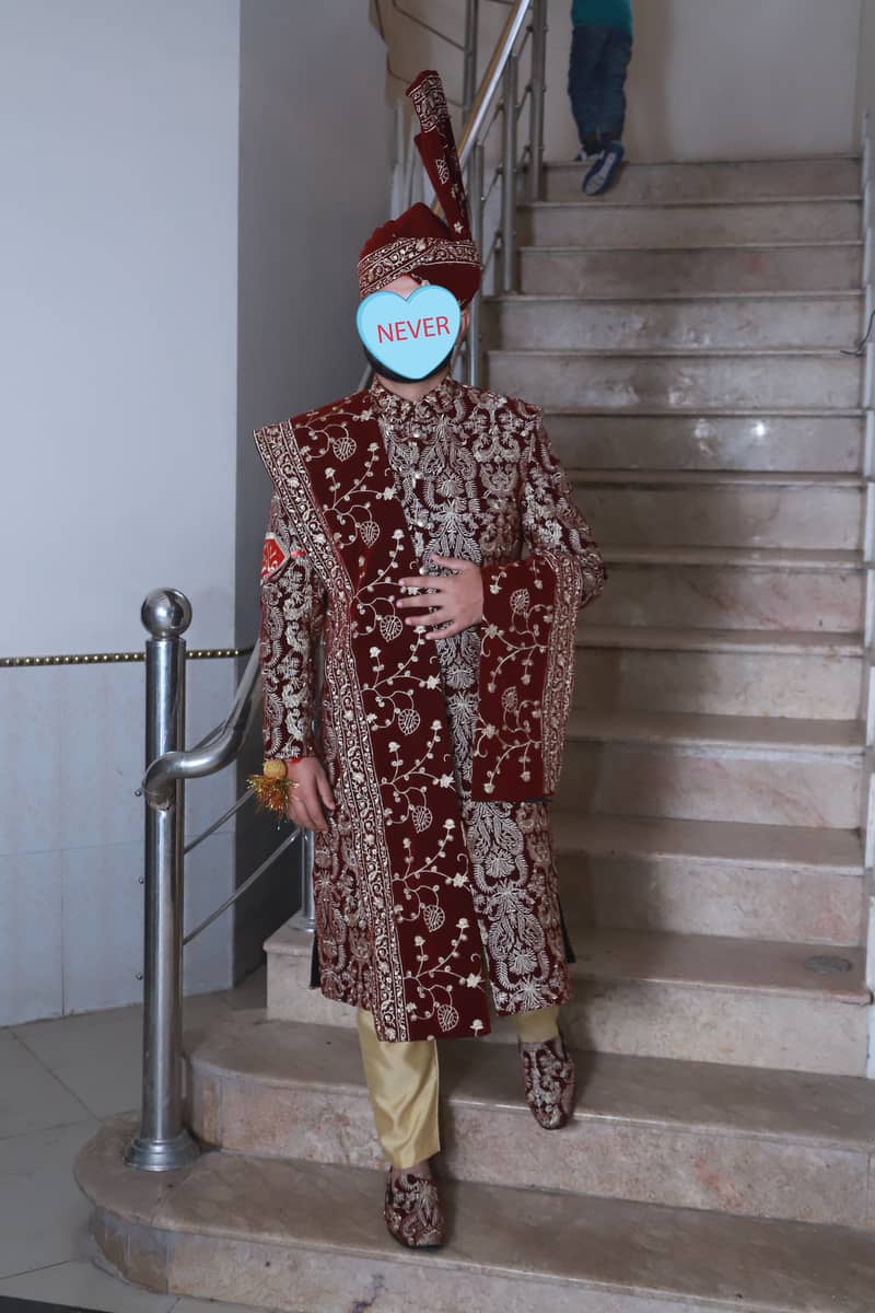 Groom Sherwani Mehroon Colour with Golden Embriodery. 0