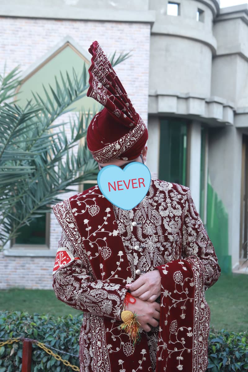 Groom Sherwani Mehroon Colour with Golden Embriodery. 3