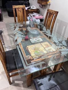 DOUBLE GLASS DINING TABLE WITH 6 WOODEN CHAIRS