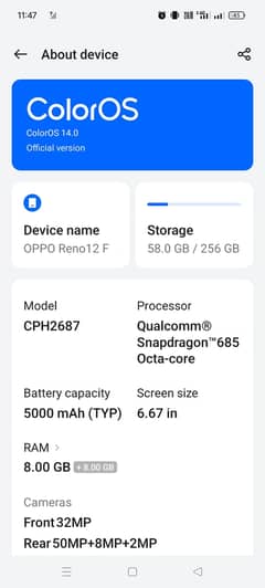 oppo reno 12f with orignal charger and box