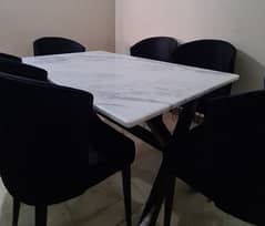 six seater white marble top, black velvet chair dining table