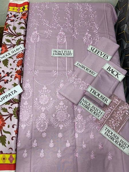 3 Pcs women's unstitched Dhanak embroider suit 1