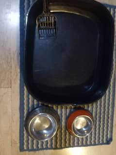 2 litter tub with 2 foods steel bowls and toy for cat