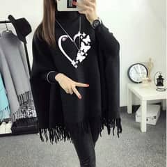 women's polyester heart printed poncho cape shawl