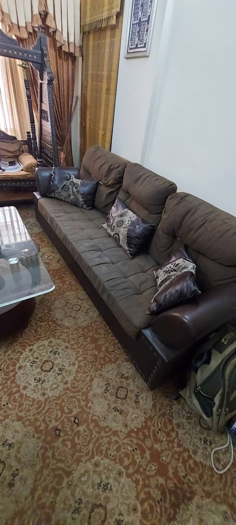 Five Seater Sofa set & Glass Centre Table with Pair of Stools for Sale 1