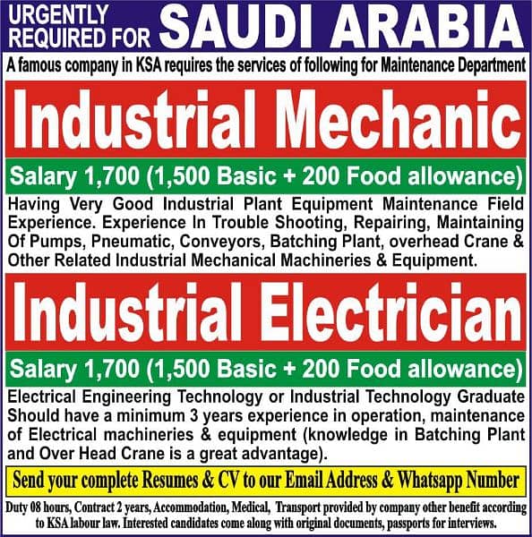 jobs for saudia industrial mechanic and electrician 0