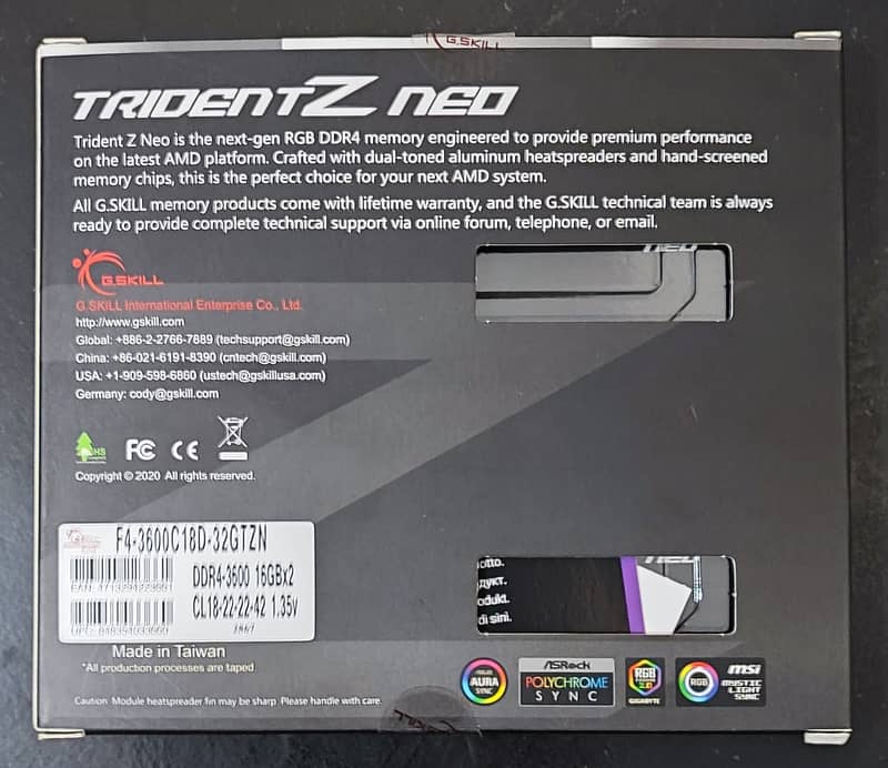 Trident Z Neo DDR4-3600 CL18-22-22-42 1.35V 32GB (2x16GB) RGB RAM 3