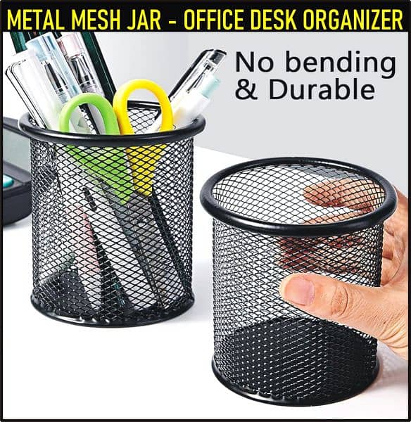 Table Pen Holder Jar | Desk Organizer | Metallic Mesh Design 0