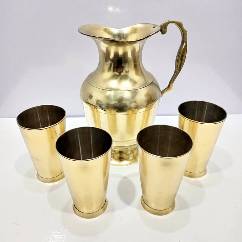 Vintage Brass Water Jug & 4 Glass Set: Beautiful Handcrafted Design 0