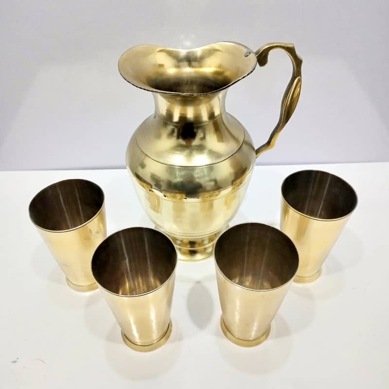 Vintage Brass Water Jug & 4 Glass Set: Beautiful Handcrafted Design 2