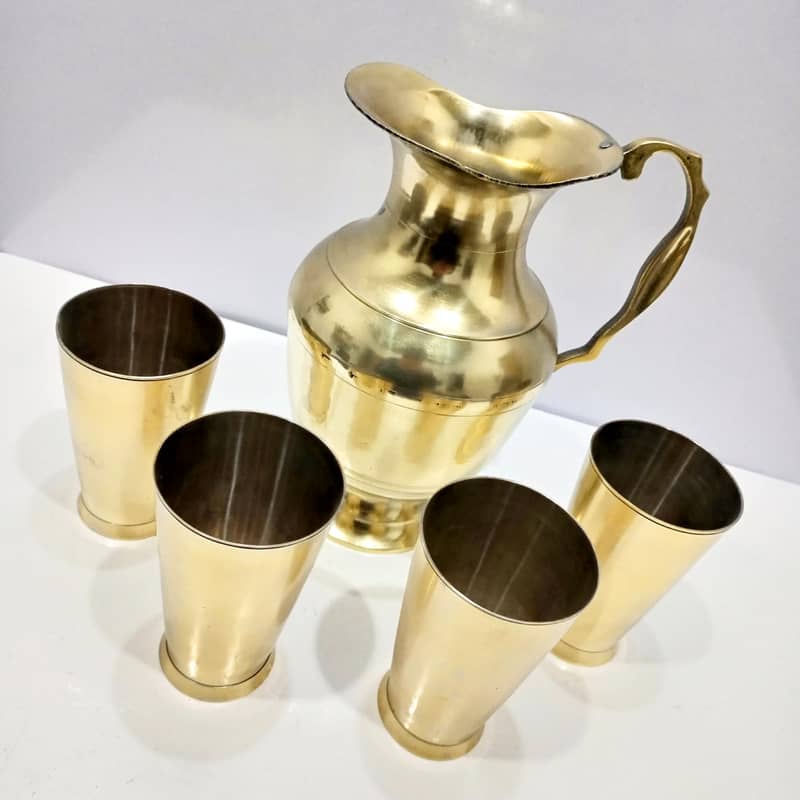 Vintage Brass Water Jug & 4 Glass Set: Beautiful Handcrafted Design 3