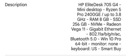 HP Elitedesk 705 G4 Mini PC Ryzen 5 Processor