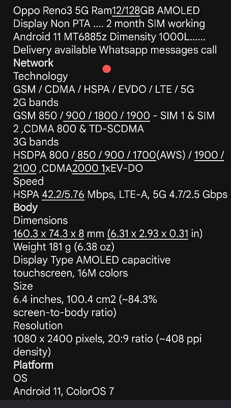 oppo Reno 3 5G 12/128GB AMOLED Non PTA 2 month sim working. 03332292091 2