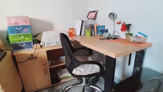 wooden study table, iron study table, and chair