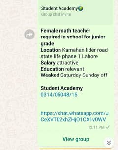 Female math teacher required for school 03140504815