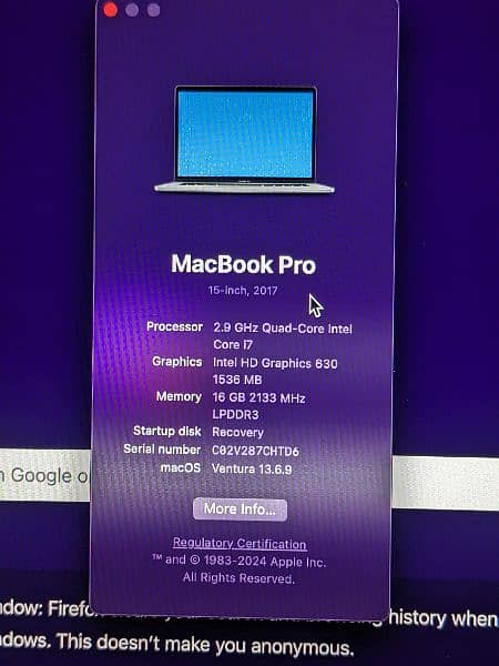 MacBook pro 2017 15 inch i7 4 gb Graphics 16gb RAM 1