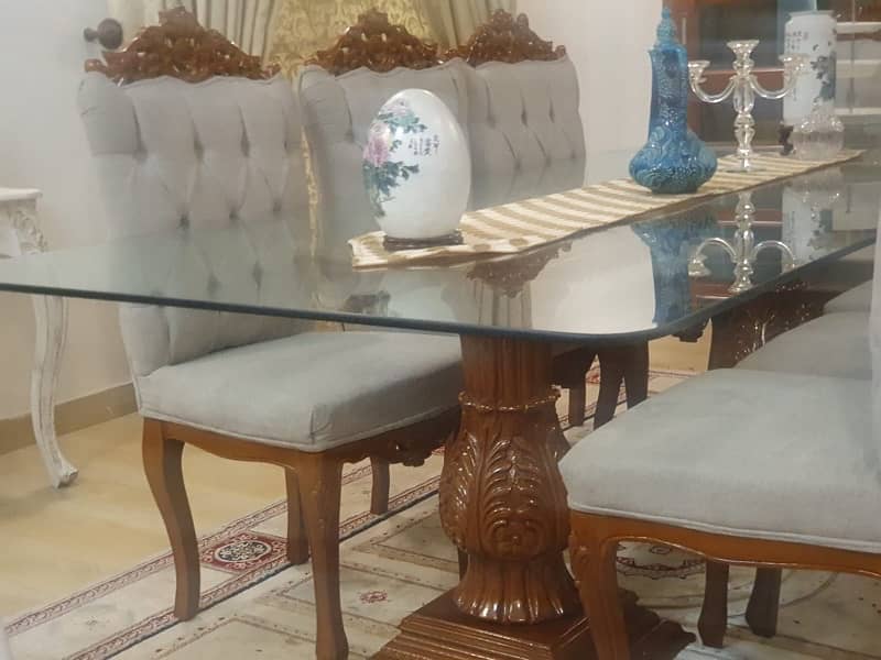 Dining Table with Glass Top and 8 Wooden Chairs 2