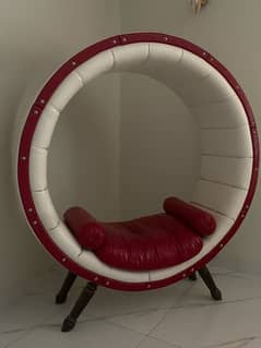 Retro Vibes: Unique Circular Red & White Lounge Chair 0