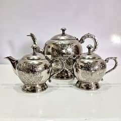 Antique Silver-Plated Tea Set: Engraved Teapot, Milk & Sugar Pots