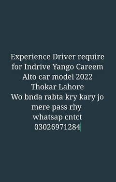 Experience Driver Require for Yango Indrive Careem